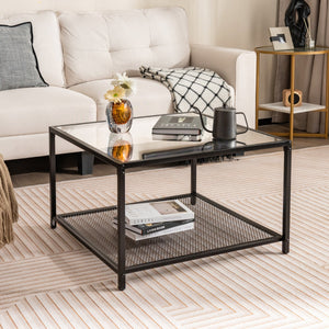 NNECW 70 CM Modern 2-Tier Square Glass Coffee Table with Mesh Shelf-White