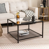 NNECW 70 CM Modern 2-Tier Square Glass Coffee Table with Mesh Shelf-White