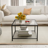 NNECW 70 CM Modern 2-Tier Square Glass Coffee Table with Mesh Shelf-White