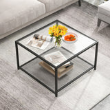 NNECW 70 CM Modern 2-Tier Square Glass Coffee Table with Mesh Shelf-White
