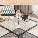 NNECW 70 CM Modern 2-Tier Square Glass Coffee Table with Mesh Shelf-White