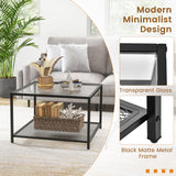 NNECW 70 CM Modern 2-Tier Square Glass Coffee Table with Mesh Shelf-White
