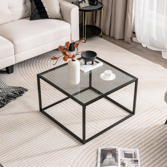 NNECW 70 CM Modern Square Glass Coffee Table with Metal Frame-Grey