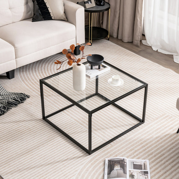 NNECW 70 CM Modern Square Glass Coffee Table with Metal Frame-White