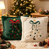 Christmas Tree Cushion Cover Set of 2 Plush Bow & Star Design