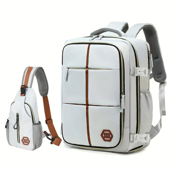 NNETM Travel Backpack with Airline-Approved Laptop Compartment and Shoes Compartment - Silver Gray and Chest Bag