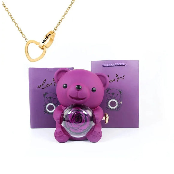 NNEOBA Eternal Rose Teddy Bear Gift Box with Necklace (Purple Gold)