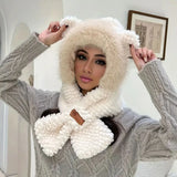 NNETM Winter White Cartoon Knitted Hat Scarf with Ear Warmer Toggle Closure