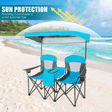 NNECW Double Folding Camping Chair with Canopy and Armrests-Blue