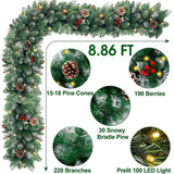 NNEOBA 8.86ft/270cm Handmade Christmas Garland with Red Berry Branches