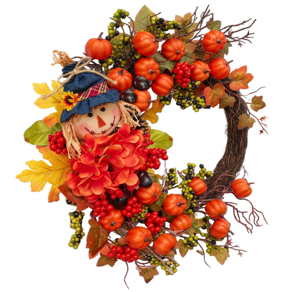 NNETM Halloween Autumn Scarecrow Wreath with Pumpkins