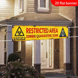 2D Flat, 1pc 2D Flat Banner, Halloween Decoration, "Restricted Area Zombie Quarantine Zone" Backdrop Banner with Warning Signs and Cartoon Zombie Patterns, Creates a Spooky and Fun Atmosphere, for Hanging Indoors to Add Festive Energy