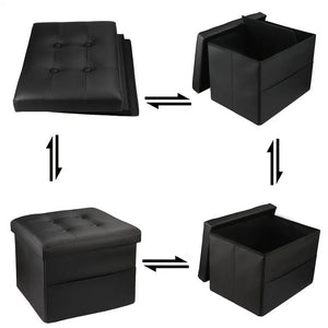 NNETM Black PU Leather Storage Ottoman: Folding Foot Stool with Thicker Foam
