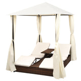 NNEVL Double Sun Lounger with Curtains Poly Rattan Brown