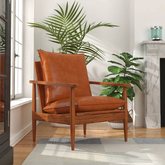 NNEVL Armchair Brown Real Leather with Acacia Wood