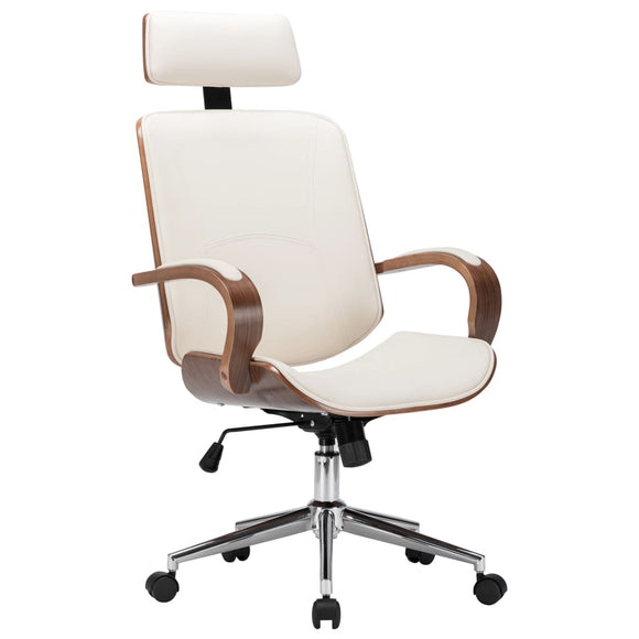 NNEVL Swivel Office Chair with Headrest Cream Faux Leather and Bentwood
