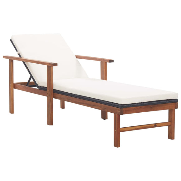 NNEVL Sun Lounger with Cushion Poly Rattan and Solid Acacia Wood Black