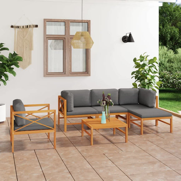 NNEVL 6 Piece Garden Lounge Set with Grey Cushions Solid Wood Teak