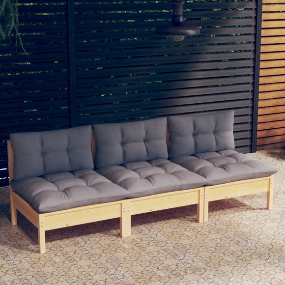 NNEVL 3-Seater Garden Sofa with Grey Cushions Solid Pinewood
