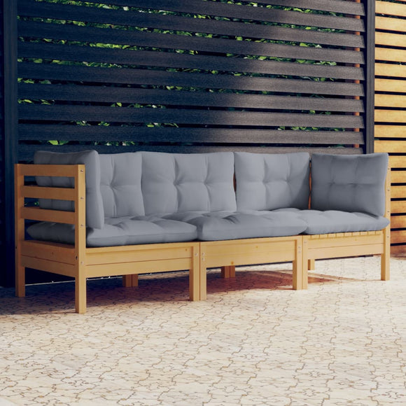 NNEVL 3-Seater Garden Sofa with Grey Cushions Solid Pinewood