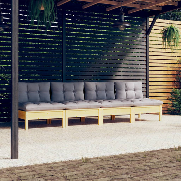 NNEVL 4-Seater Garden Sofa with Grey Cushions Solid Pinewood