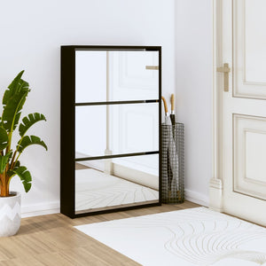 NNEVL Shoe Cabinet with Mirror 3-Layer Black 63x17x102.5 cm