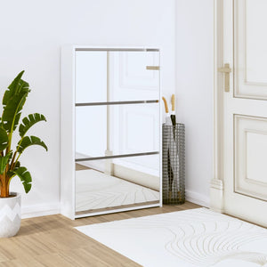 NNEVL Shoe Cabinet with Mirror 3-Layer High Gloss White 63x17x102.5 cm