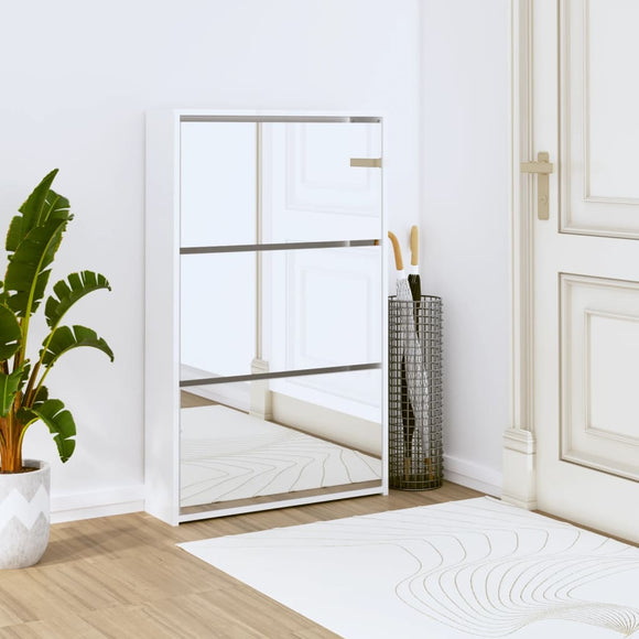 NNEVL Shoe Cabinet with Mirror 3-Layer High Gloss White 63x17x102.5 cm