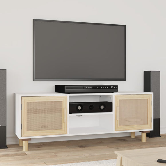 NNEVL TV Cabinet White 105x30x40 cm Solid Wood Pine&Natural Rattan