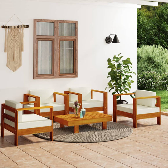 NNEVL 5 Piece Garden Lounge Set with Cream White Cushions Solid Wood