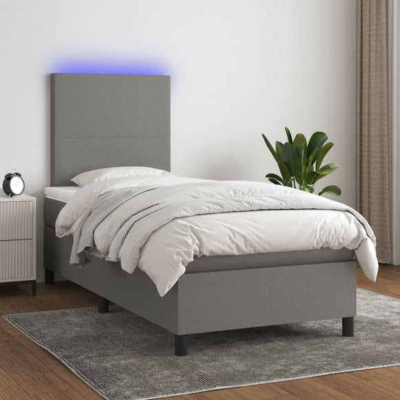 NNEVL Box Spring Bed with Mattress&LED Dark Grey 106x203 cm King Single Size Fabric