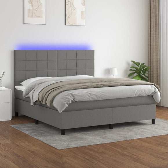 NNEVL Box Spring Bed with Mattress&LED Dark Grey 153x203 cm Queen Size Fabric