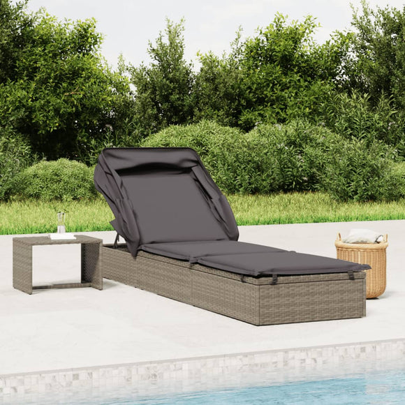 NNEVL Sunbed with Foldable Roof Grey 213x63x97 cm Poly Rattan