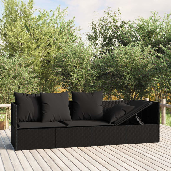 NNEVL Outdoor Lounge Bed with Cushions Black Poly Rattan