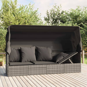 NNEVL Outdoor Lounge Bed with Roof and Cushions Grey Poly Rattan