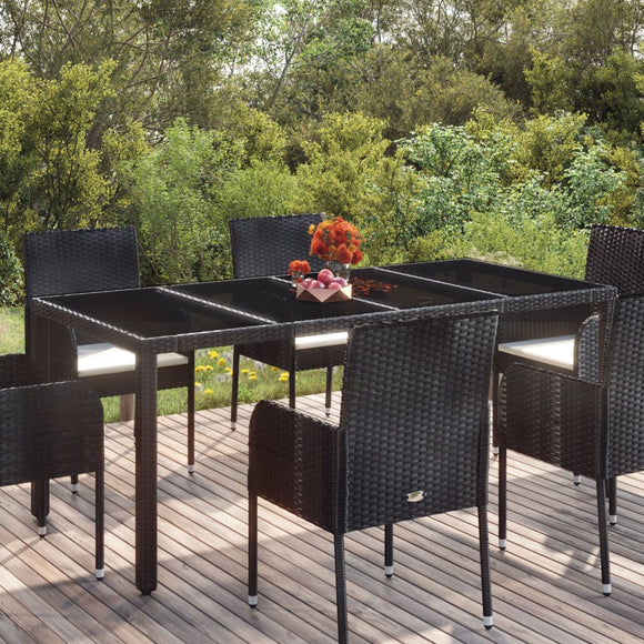NNEVL Garden Table with Glass Top Black 190x90x75 cm Poly Rattan