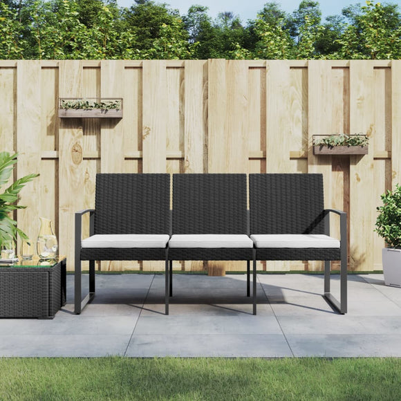 NNEVL 3-Seater Garden Bench with Cushions Black PP Rattan