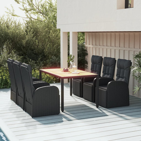 NNEVL 7 Piece Garden Dining Set Black Poly Rattan&Solid Wood Acacia