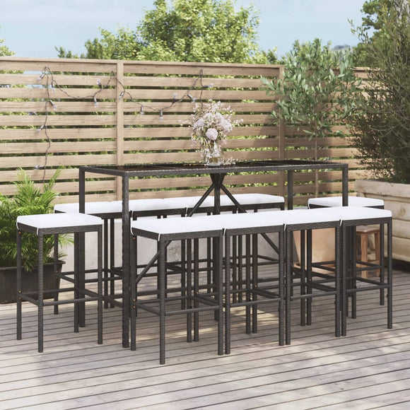 NNEVL 11 Piece Garden Bar Set with Cushions Black Poly Rattan