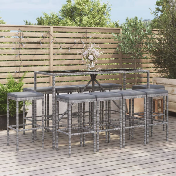 NNEVL 11 Piece Garden Bar Set with Cushions Grey Poly Rattan
