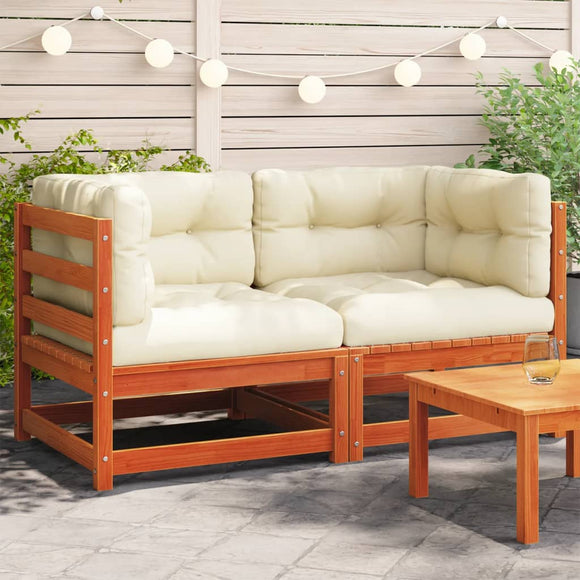 NNEVL Garden Sofas Corner with Cushions 2 pcs Wax Brown Solid Wood Pine