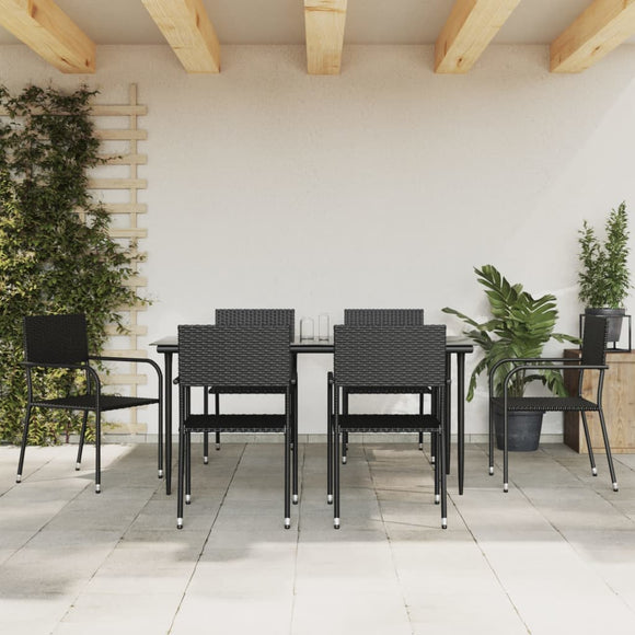 NNEVL 7 Piece Garden Dining Set Black Poly Rattan and Steel