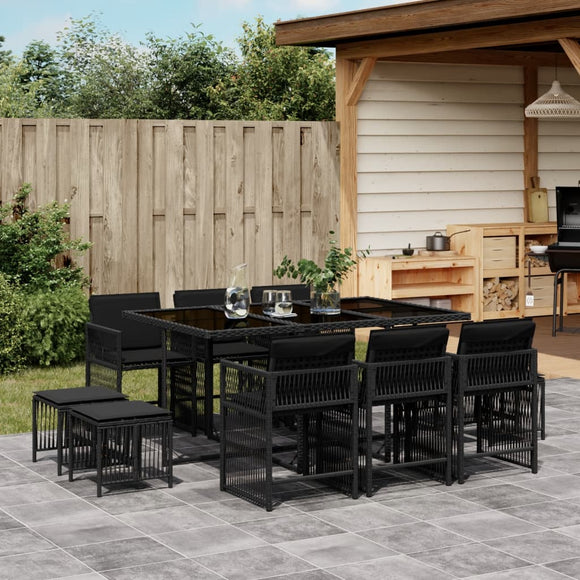 NNEVL 11 Piece Garden Dining Set with Cushions Black Poly Rattan