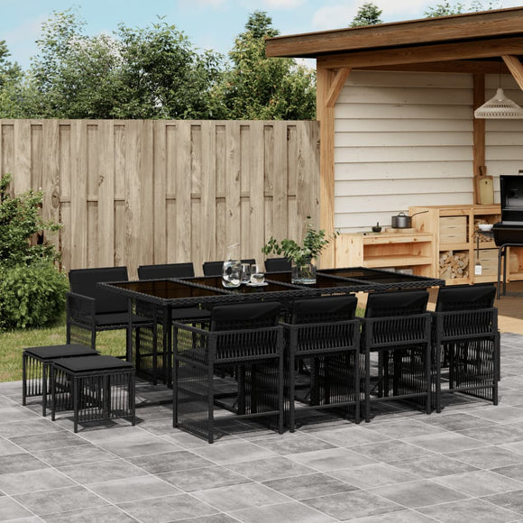 NNEVL 13 Piece Garden Dining Set with Cushions Black Poly Rattan