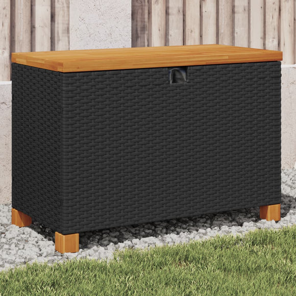NNEVL Garden Storage Box Black 80x40x48 cm Poly Rattan Acacia Wood