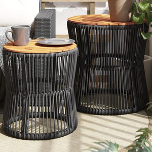 NNEVL Garden Side Tables 2 pcs with Wooden Top Black Poly Rattan