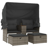 NNEVL Garden Sofa 2-Seater with Canopy and Stools Grey Poly Rattan