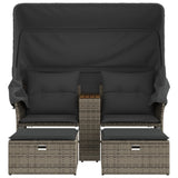 NNEVL Garden Sofa 2-Seater with Canopy and Stools Grey Poly Rattan