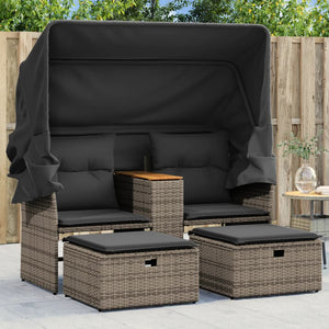 NNEVL Garden Sofa 2-Seater with Canopy and Stools Grey Poly Rattan