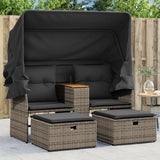 NNEVL Garden Sofa 2-Seater with Canopy and Stools Grey Poly Rattan